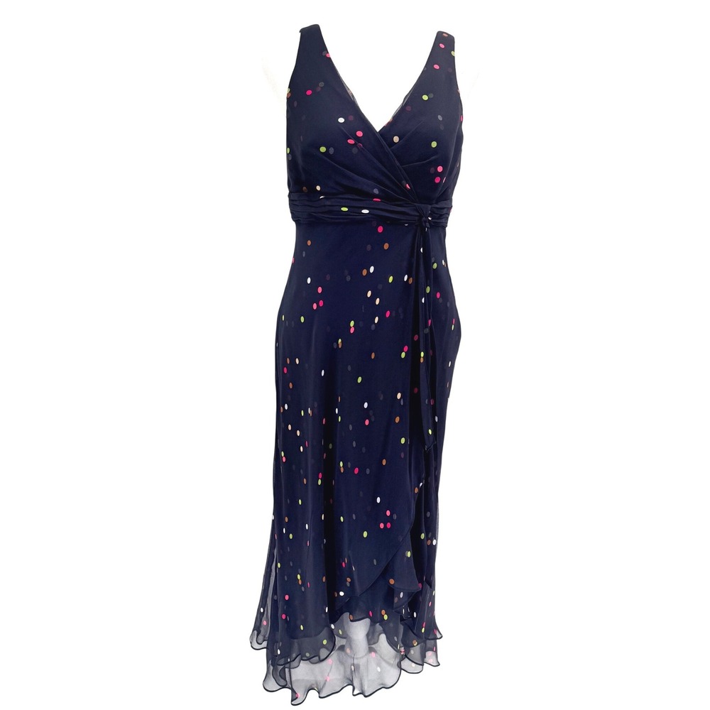 Vintage Y2K Anne‎ Klein Maxi Dress Bias Cut 6 Black Multi Color Polka Dots